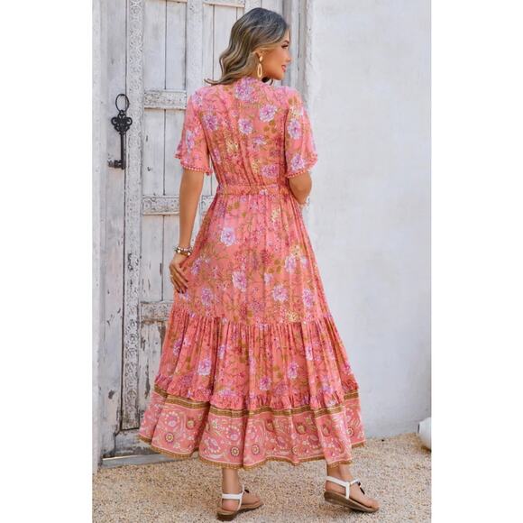 NWT R. Vivimos Women’s Boho Whimsical Tiered Ruffle Maxi Dress Size L 12/14 Pink - Picture 3 of 11